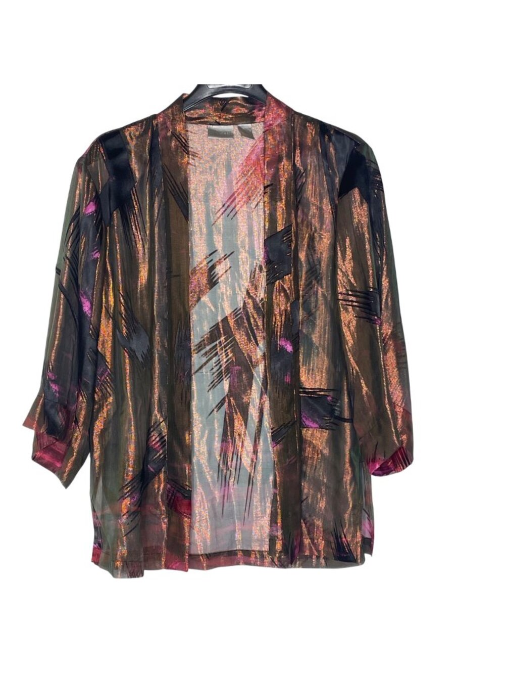 Chico's Vintage Metallic Abstract Brush Stroke Kimono Topper Silk Sz SM/MED 0/1